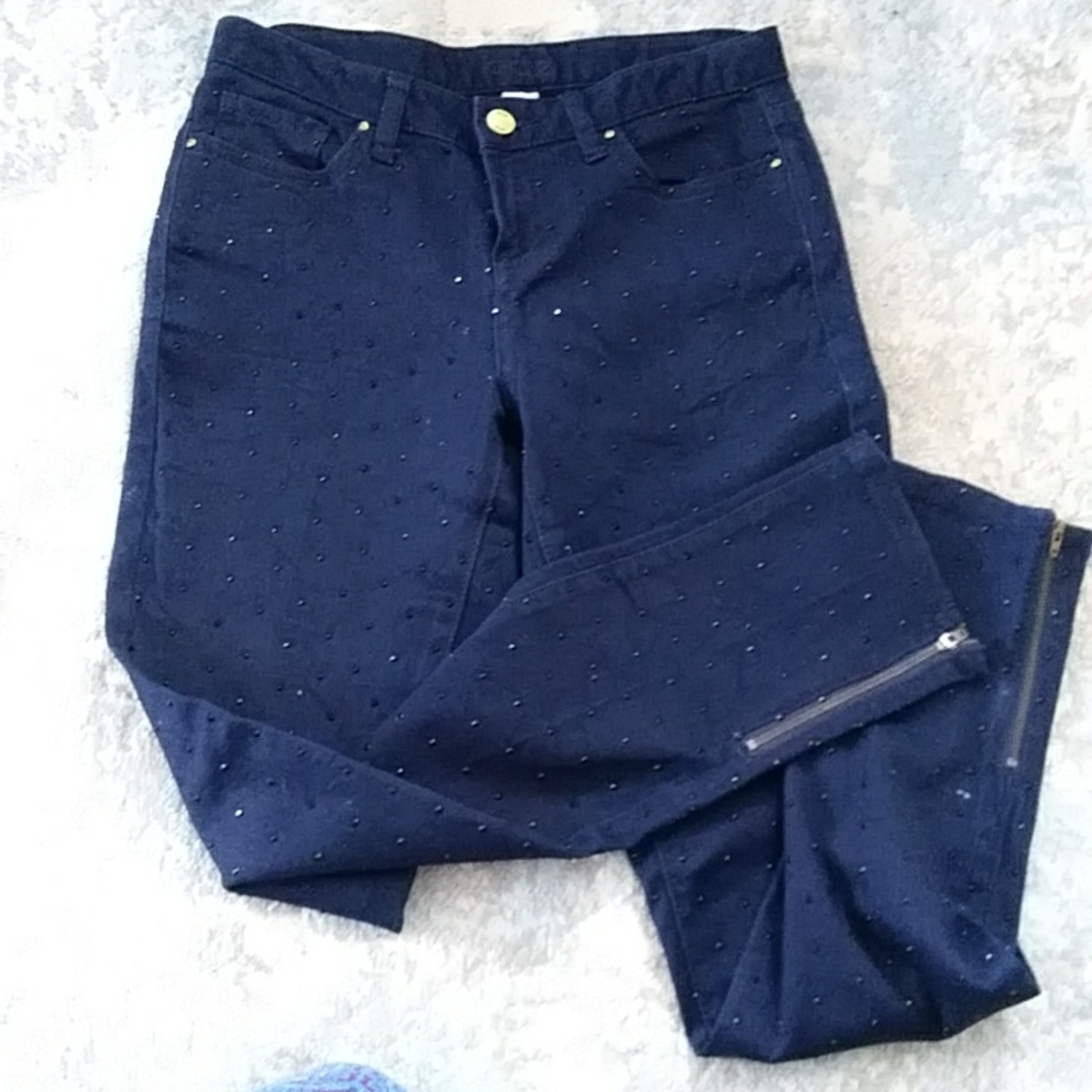 Cache Embellished Zip Ankle Beaded Ankle Pants 4 Navy Blue